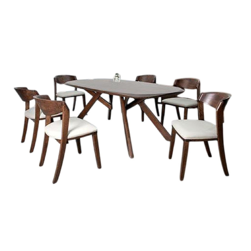 Ensemble de table de salle à manger 7 pièces Ziva, 6 chaises ivoire, bois massif brun à bordure 3D