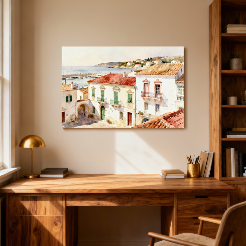 Scène d'aquarelle de village méditerranéen, H 12 po x l 18 po