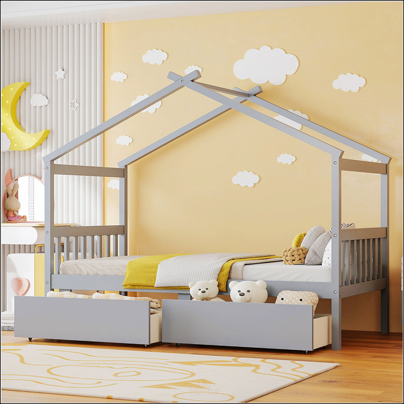Lit simple en bois avec tiroirs, Gris, Lit simple