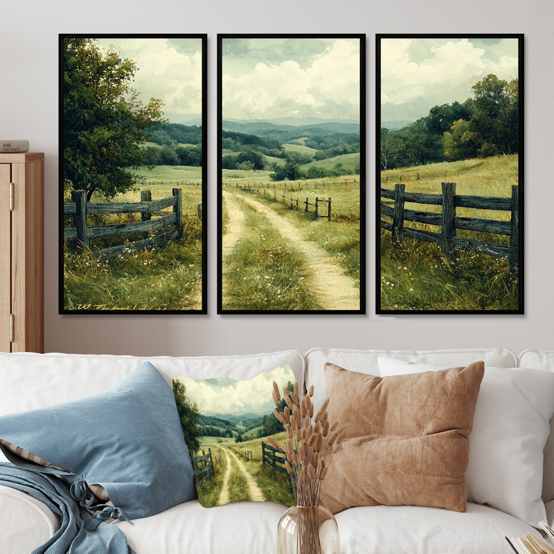 «Green Peaceful Valley I», ensemble d'art mural, Toile avec cadre flottant noir, H 32 po x l 48 po x P 1 po
