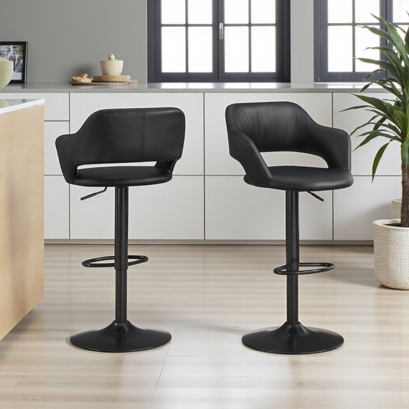 Evander Swivel Adjustable Bar Stool With Black Metal Leg, 35.73" H X 22.25" W x 18.9" D