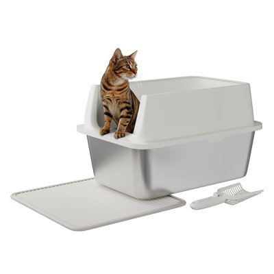 Bac à litière pour chat en acier inoxydable fermé - à haut rebord, résistant aux fuites et aux odeurs, avec pelle et litière - Toilette pour chat en métal facile à nettoyer pour les grands chats - hauteur de 20 cm