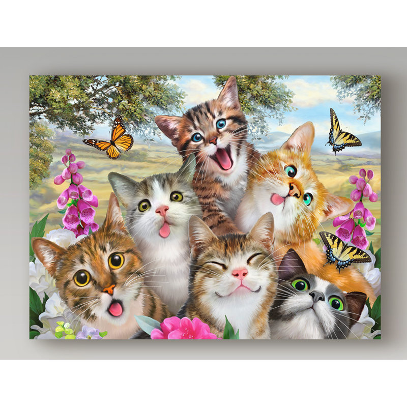 Goofy Kittens Canvas Art with Pink Flowers