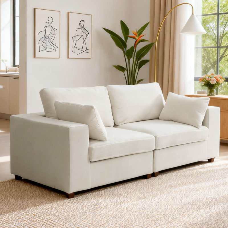 Canapé d'angle 2 pièces rembourré, Chenille beige, H 26 po x l 75,5 po x P 37,8 po