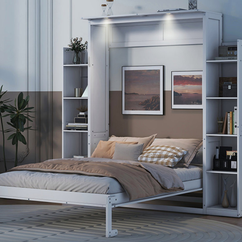 Full Size Murphy Bed With Shelves And LED Lights For Space-Saving And Multi-Function Use, White