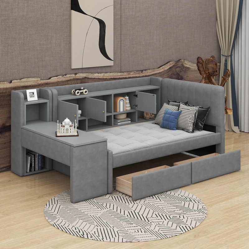 Lit de jour simple tapissier avec tiroirs, Gris
