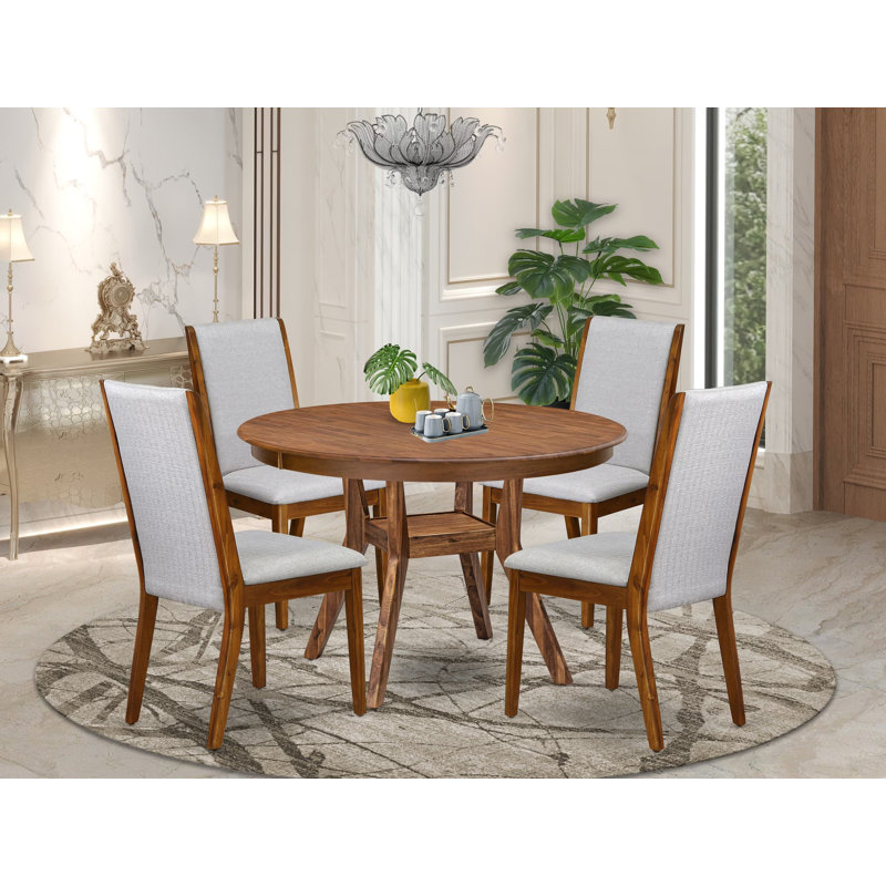 L'ensemble de table de salle à manger 5 pièces comprend une table de cuisine moderne et 4 chaises rembourrées en tissu de lin gris avec dossier haut, noyer antique