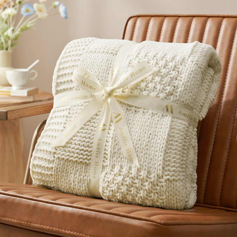 Checkered Chenille Throw Blanket Cozy Knit Farmhouse-Style Decorative Blanket For Couch, Sofa, And Bed, 60" W x 80" L, Ivory