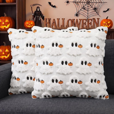 Halloween Ghost Pumpkin Throw Pillow Covers | Spooky Plush Faux Fur Cushion Cases for Seasonal Home Décor