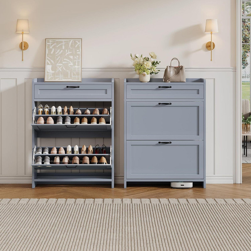 Shoe Cabinet with 2 Flip & 1 Top Drawer, Wooden Adjustable Organizer for Entryway & Living Room, Blue, 3