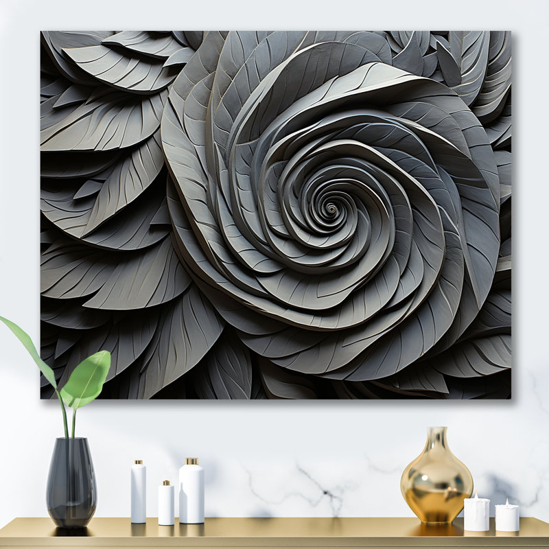 «Grey Spiraling Abstrract Flowers», art mural abstrait en spirale, H 24 po x l 32 po x P 1 po, Toile tendue