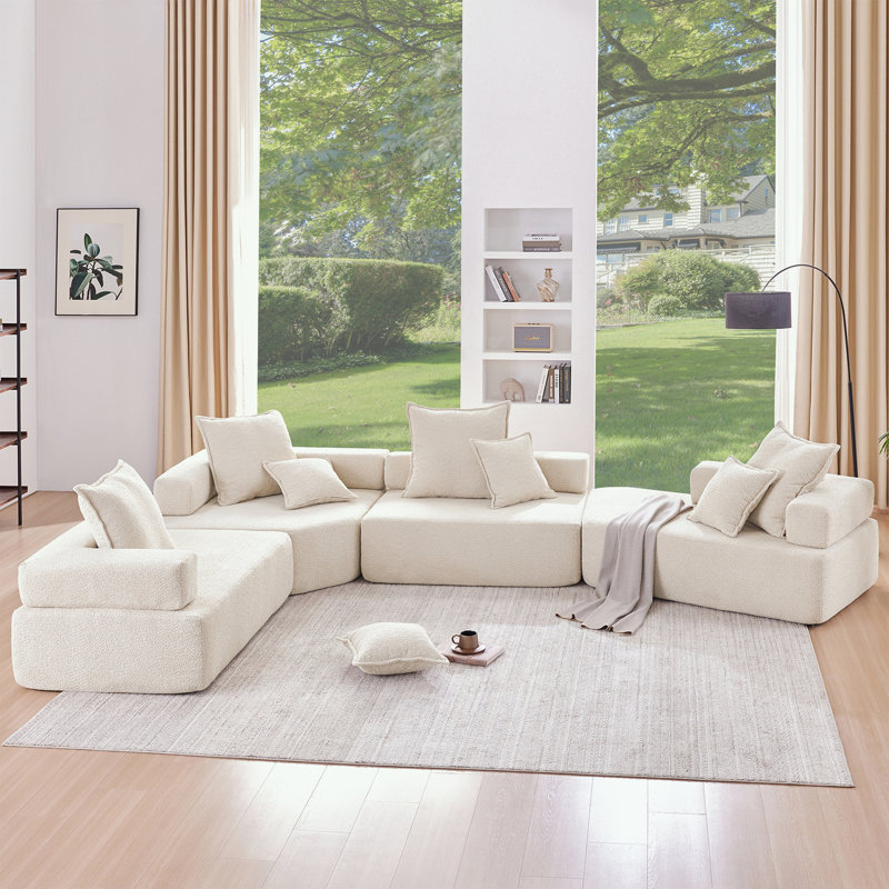 Breydan Oversized Floor Couch Foam-filled Sectional Sofa, Beige Polyester Blend
