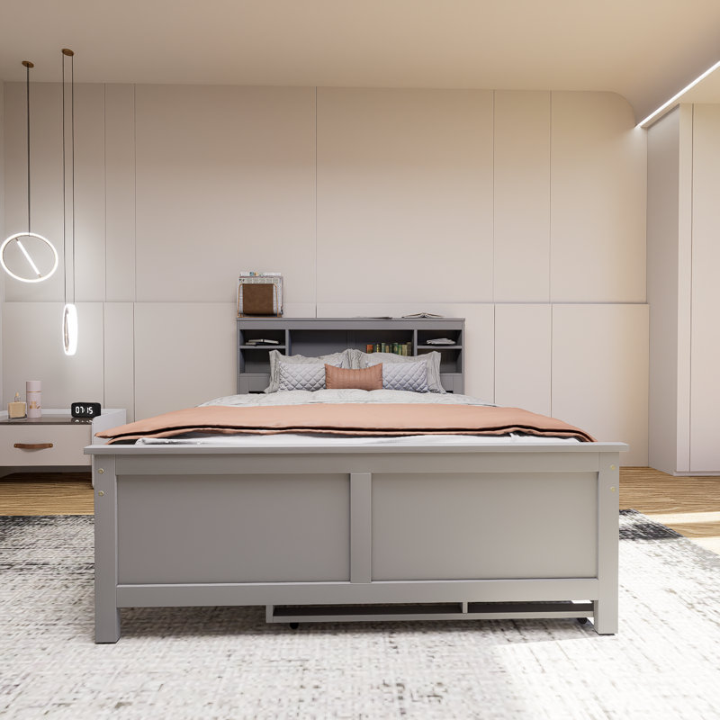 Lit plateforme gris avec tête de lit double, lit gigogne double et 3 tiroirs
