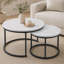 Ensemble de 2 tables basses rondes gigognes, dessus en marbre, structure en métal blanc-2050257166