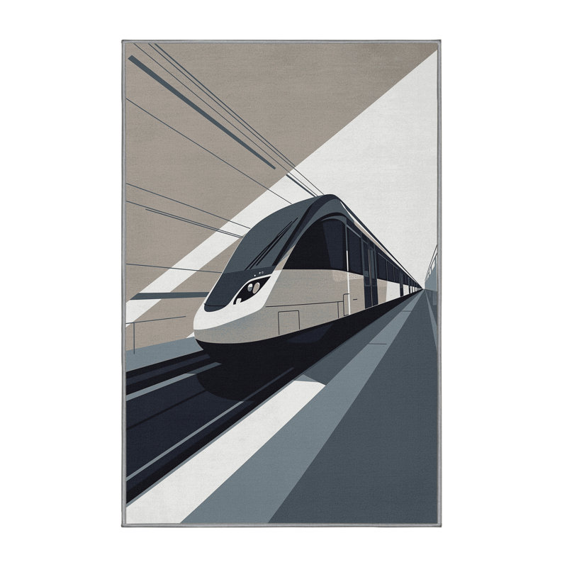 Machine Washable Vehicles And Transportation Underground Subway Train Modern & Contemporary Rug in Gray – Gray Binding, 3x5