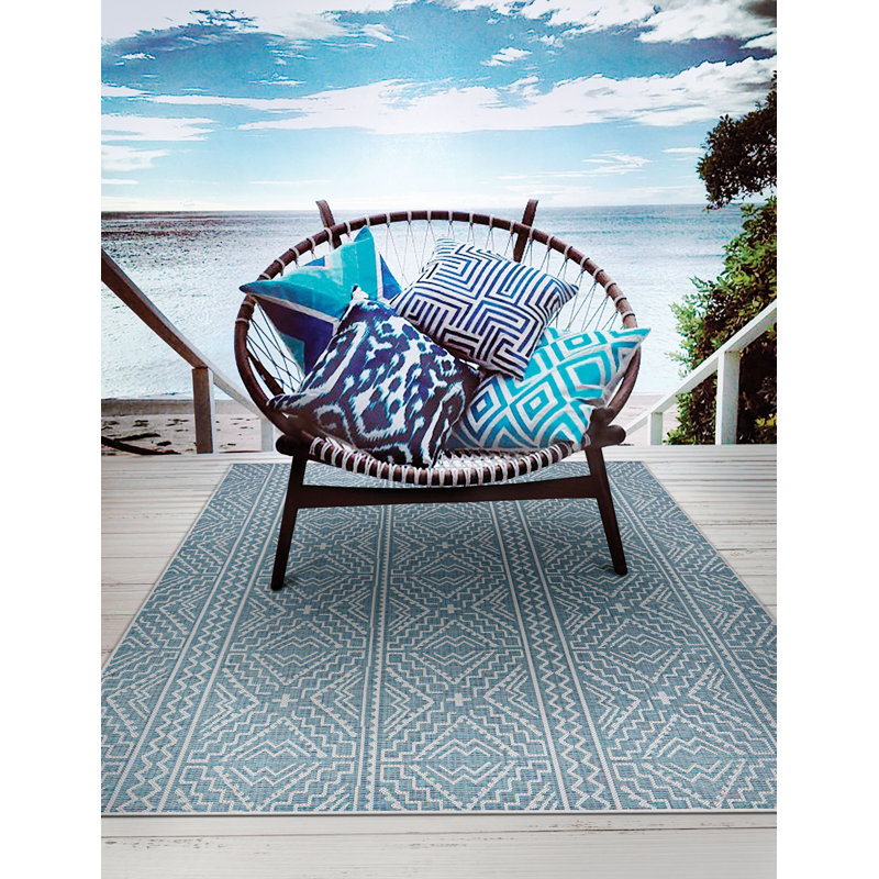 Bleu géométrique/Ivoire intérieur/Tapis décoratif extérieur temple Cloud, Rectangle 2 pi x 3 pi 7 po