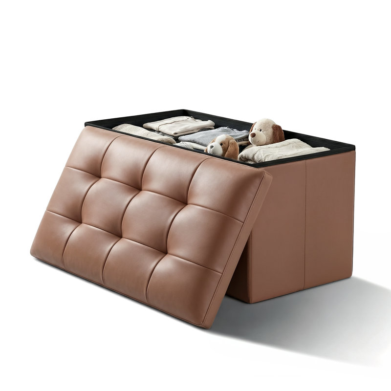 30" Upholstered Folding Storage Ottoman, PU Leather Tufted Footrest End of Bed Bench with Padded Seat, Light Pink
