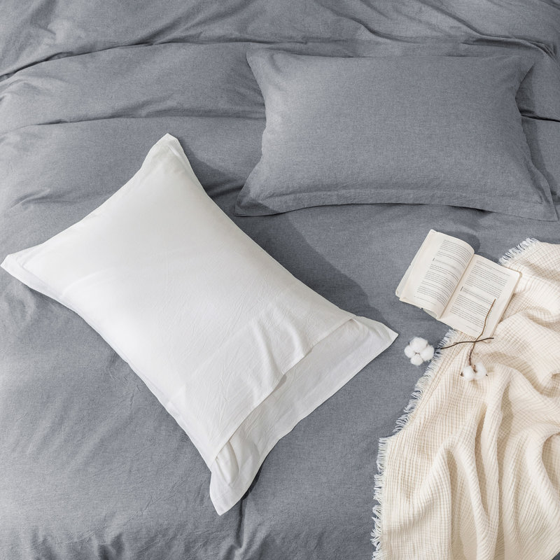 Solayne 100% Washed Cotton Duvet Cover Set with Faux Hemp Texture, Solid Color, Zipper Closure and Corner Ties, Light Gray