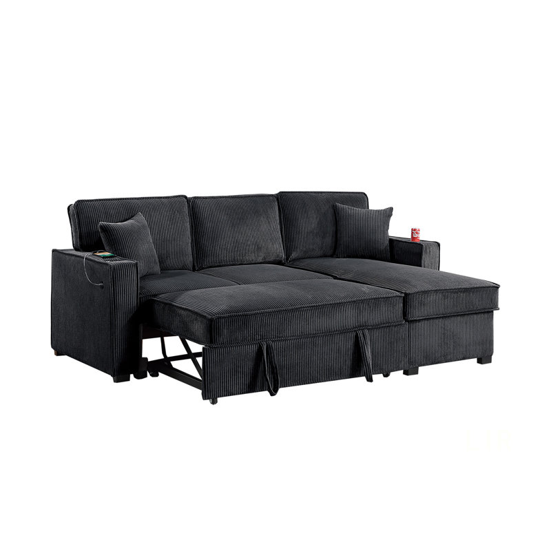 Contemporary Convertible Sectional With Cup Holders, USB Ports, Storage, And Pull-Out Extension For Living Room, Black