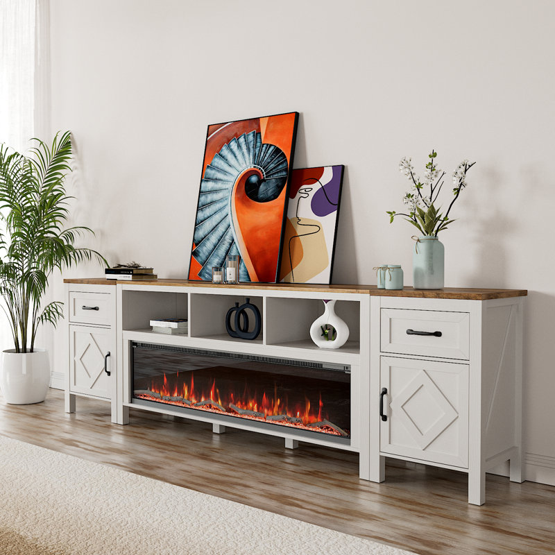 88 Inch Fireplace Tv Stand For Tvs Up To 95 Inch,farmhouse Entertainment Center With 50" Electric Fireplace,white Tv Console With Storage Cabinets And Drawers For Living Room
