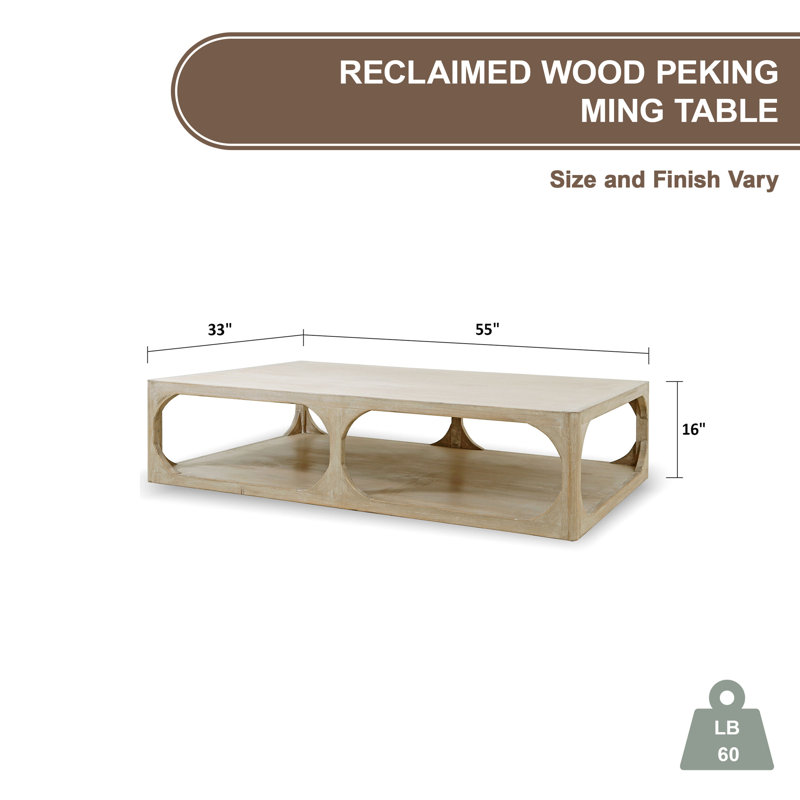 Peking Ming Revival Lily's Living Reclaimed Wood Coffee Table Weathered Whitewash, 16" H x 55" L x 33" W, Weathered Whitewash