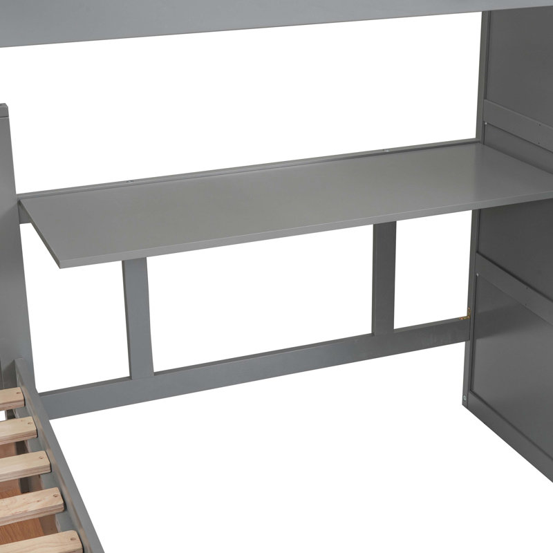 Lit superposé simple en L avec 3 tiroirs, bureau portable et garde-robe, Gris