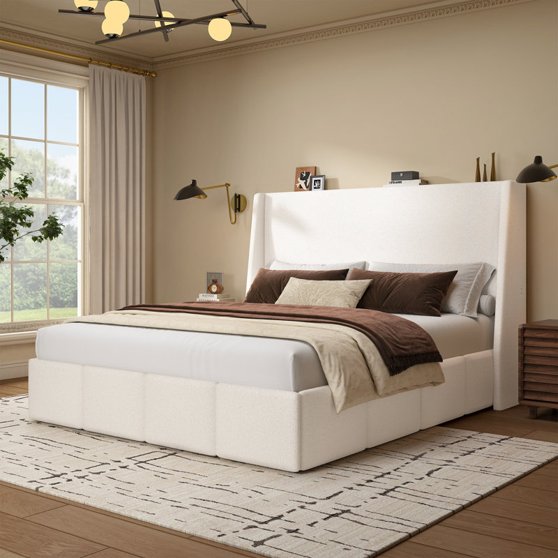 High Headboard Platform Bed Frame Made Of Sherpa, White, Queen
