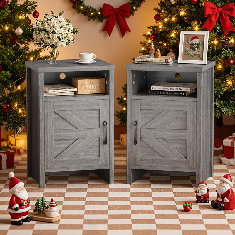Solid and Manufactured Wood Nightstand with Storage Cabinets, Gray
