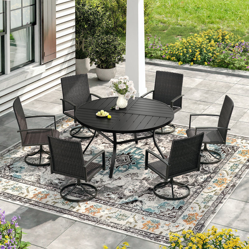 6-Person Outdoor Round Dining Set With Rattan Swivel Chair, Black