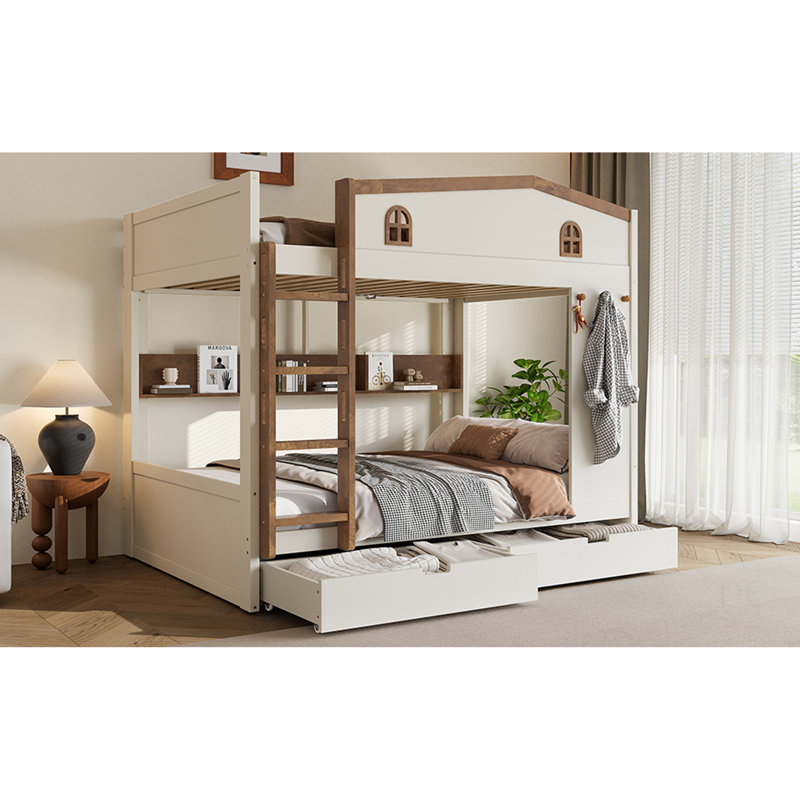 Lit superposé grand sur grand avec tiroirs et tablettes de rangement, lits superposés en bois massif avec crochets, aucun sommier nécessaire