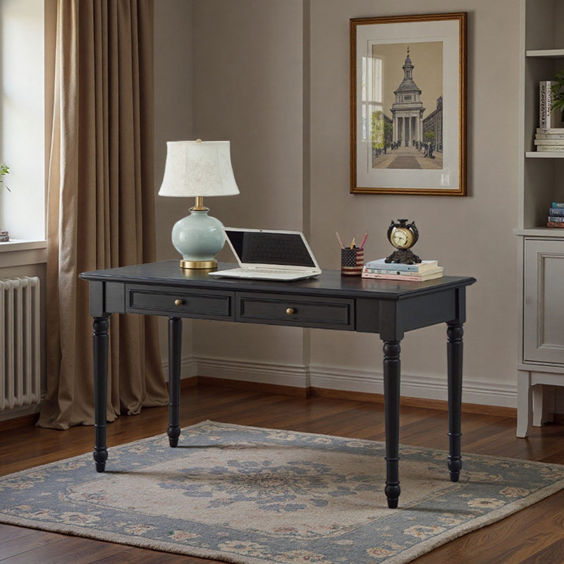 Black Rubberwood Double-drawer Writing Desk, 29.92" H x 59.05" W x 23.62" D