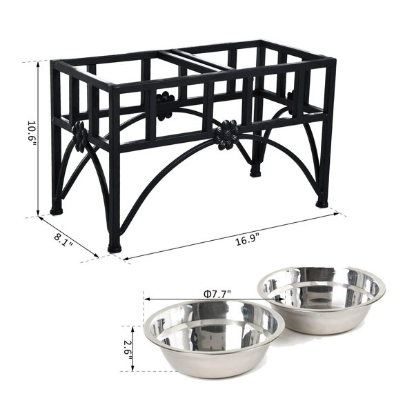PawHut Raised Pet Food Elevated Feeder with 2 Stainless Steel Bowls 3  Levels Adjustable Height Levels and Wood Finish Cat/Dog Feeding Station w/  Black & Simple Modern Design
