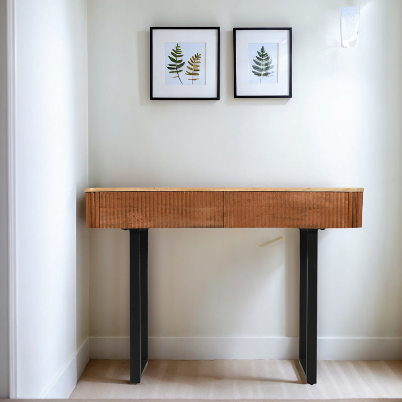 Solid Wood Entryway Table With Storage,Narrow Console Table With Fluted Design & Metal Legs, Functional Sofa Table For Hallway