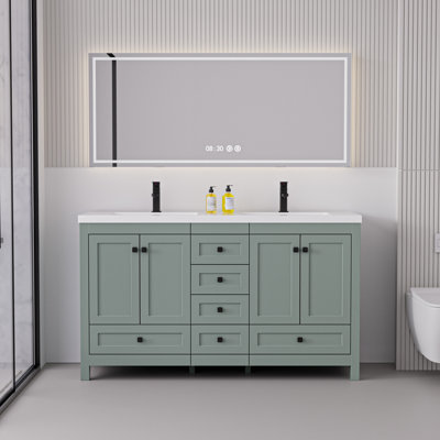  Wimer 60" Double Sink Bathroom Vanity With Resin Sink Top, Bathroom Sink Faucet and Pop up Drain, Hand Painted, EPA Certified, Assembly Required