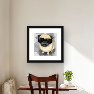 Pug with Style - Gray Framed Matted Print for Kids Decor