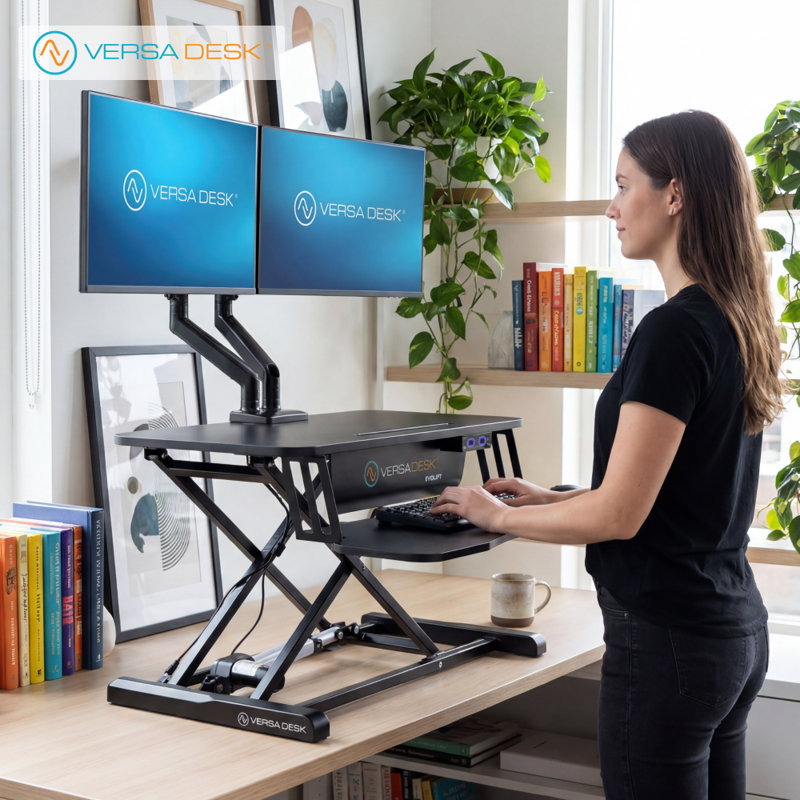  VersaDesk Evolift 32" Electric Standing Desk Converter, Height Adjustable Desk Riser With Wide Keyboard Tray