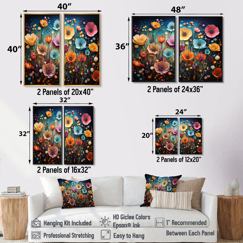 Fleurs colorées fantaisistes - Art mural multicolore, Impression encadrée flottante sans passe-partout, Black, 36" H x 48" W