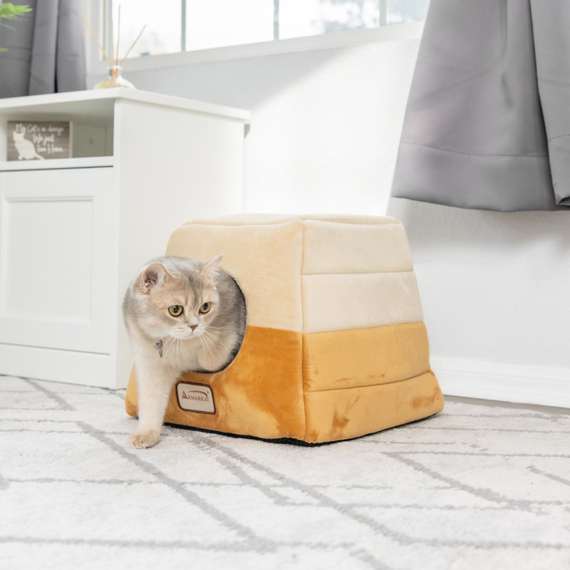 Small Velvet Brown and Beige Cat Bed with Fiberfill