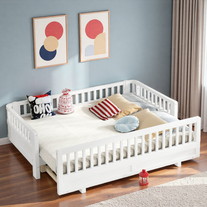 Lit plateforme avec garde-corps et taille convertible, Blanc, Très grand simple