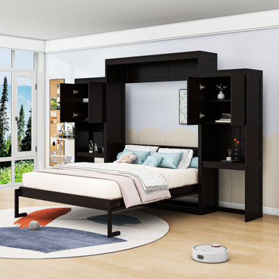 Grand lit escamotable en bois avec armoire intégrée, bureau et meuble-lavabo
