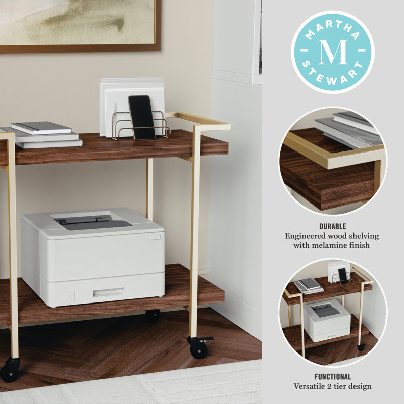 Walnut and Brass 2-Tier Mobile Office Printer Cart with Side Storage