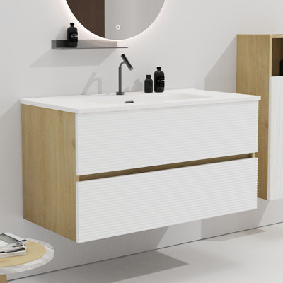 Meuble-lavabo mural 36 po - Blanc neige et chêne naturel, lavabo en céramique avec trop-plein, espace de rangement considérable, éléments de style moderne avec rangement mat intégré et fermeture silencieuse