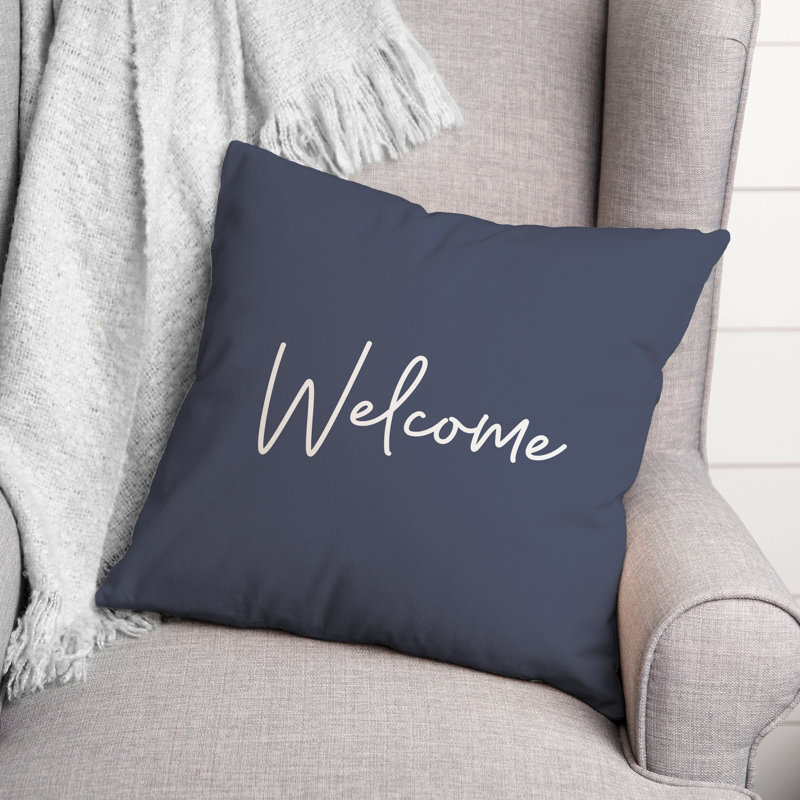Welcome Script 6 Outdoor Square Pillow Cover & Insert, Blue, 16" x 16"