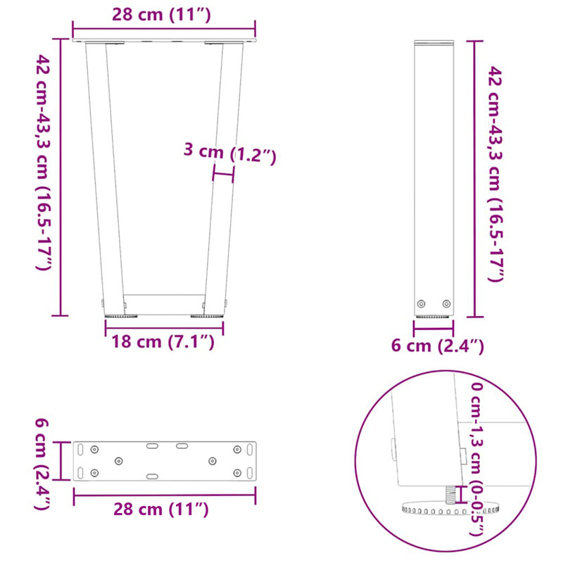 Dining Table Legs V-Shape 2 Pcs Steel, 43.3cm H x 28cm W, White
