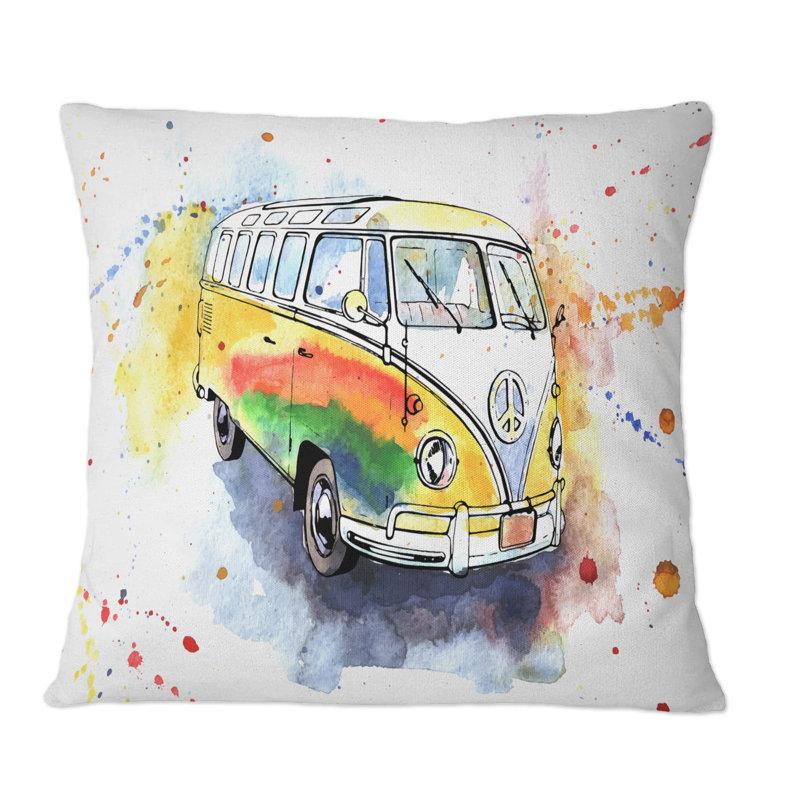 Retro Grungy Hippy Bus - Coussin décoratif imprimé industriel, 18 po x 18 po