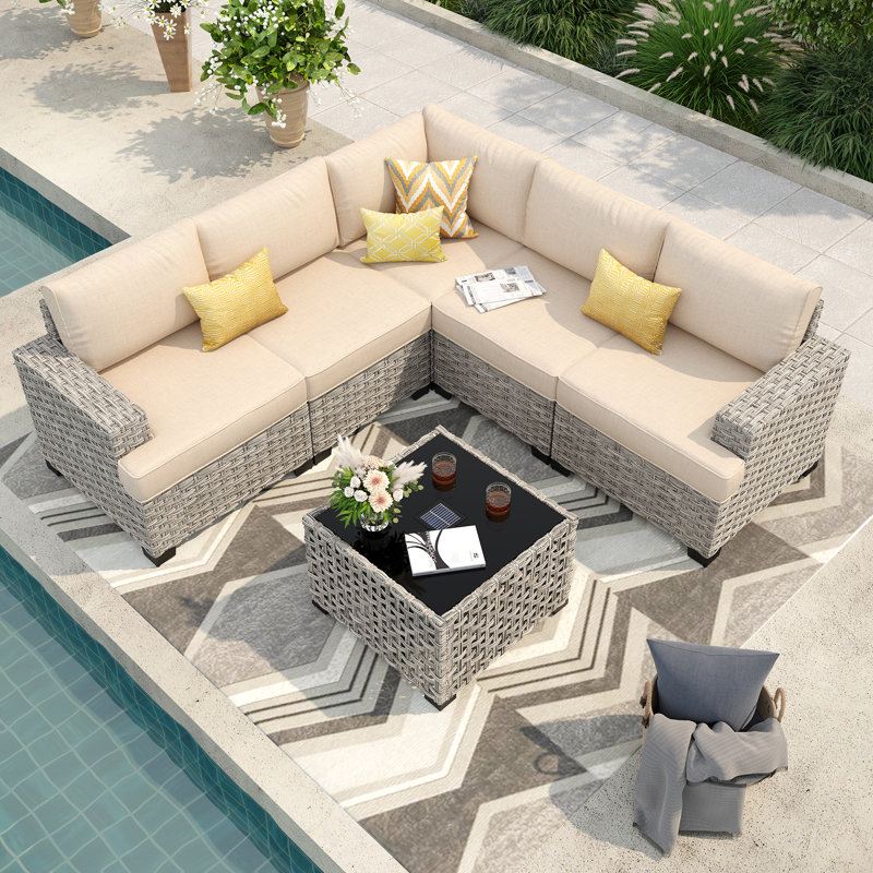 Ensemble de conversation d'extérieur pour 6 personnes avec coussins Harbin, Beige