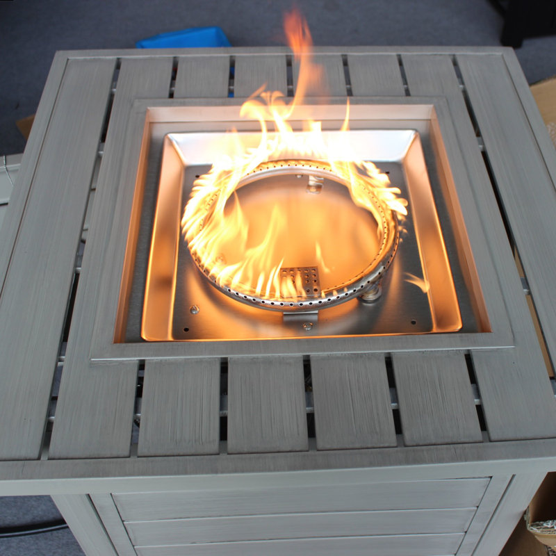 Lyailya 24.8" H x 28" W Iron Propane Outdoor Fire Pit Table with Lid, Light Gray