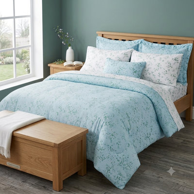 Ensemble de couette réversible 7 pièces en coton naturel Brooklyn Blue Floral, taille King
