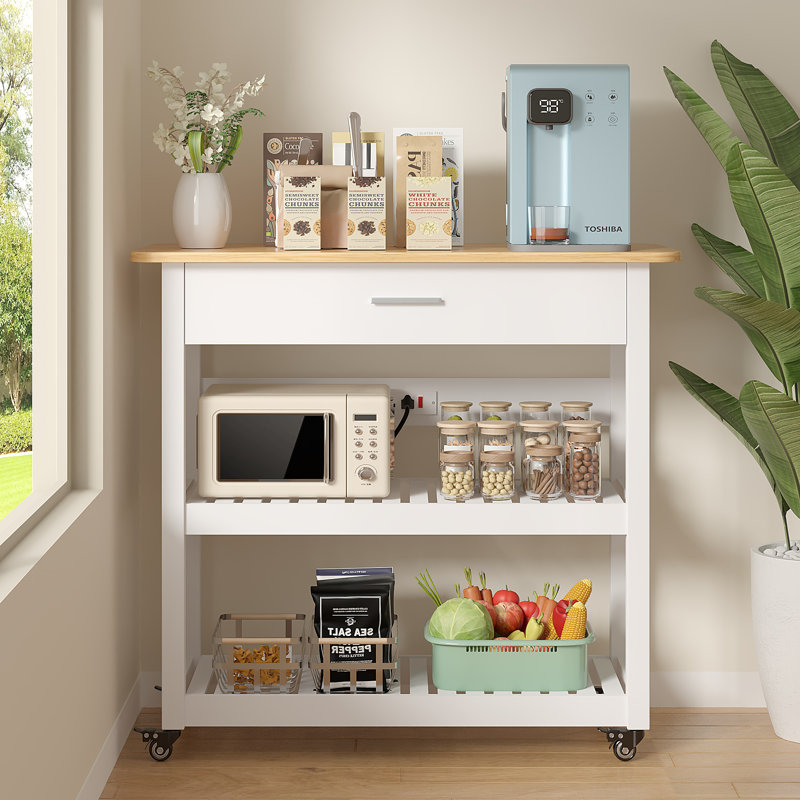 Chariot pour îlot de cuisine sur roulettes, tablette de cuisine de 40 pouces de largeur avec multiprise, chariot utilitaire roulant à 3 niveaux avec plateau en bois massif et tiroir