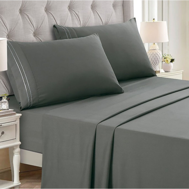 Sheet Set 2000 Embroidery Soft Cozy 14" Deep Pocket, Full Sheet Set with Fitted Sheet + 2 Pillowcases, Gray
